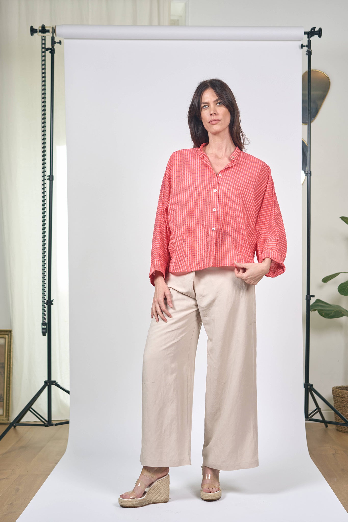 Chemise Nehru Carreaux Corail