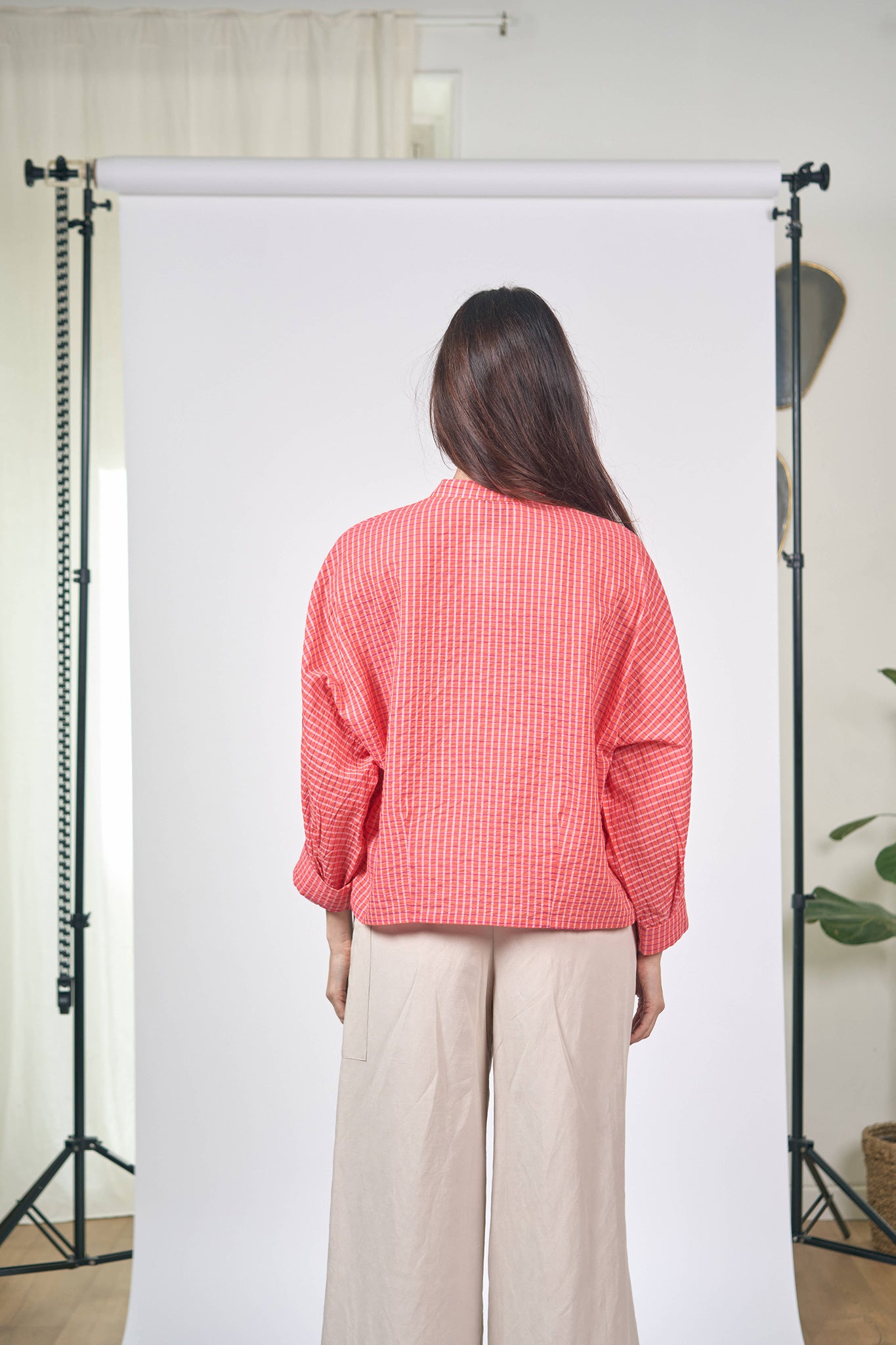 Chemise Nehru Carreaux Corail