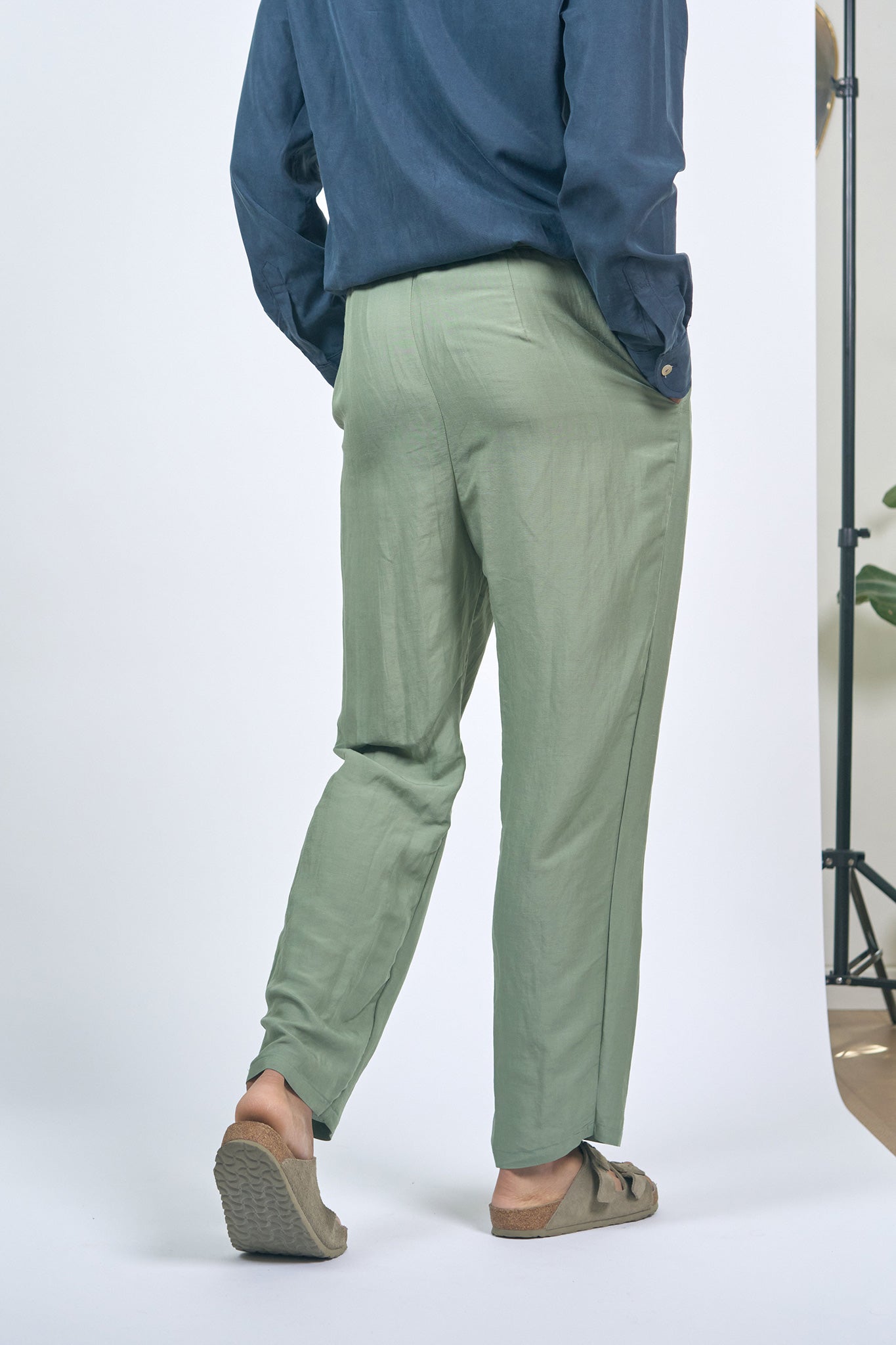 Sage Green Viscose Linen Pleated Trousers