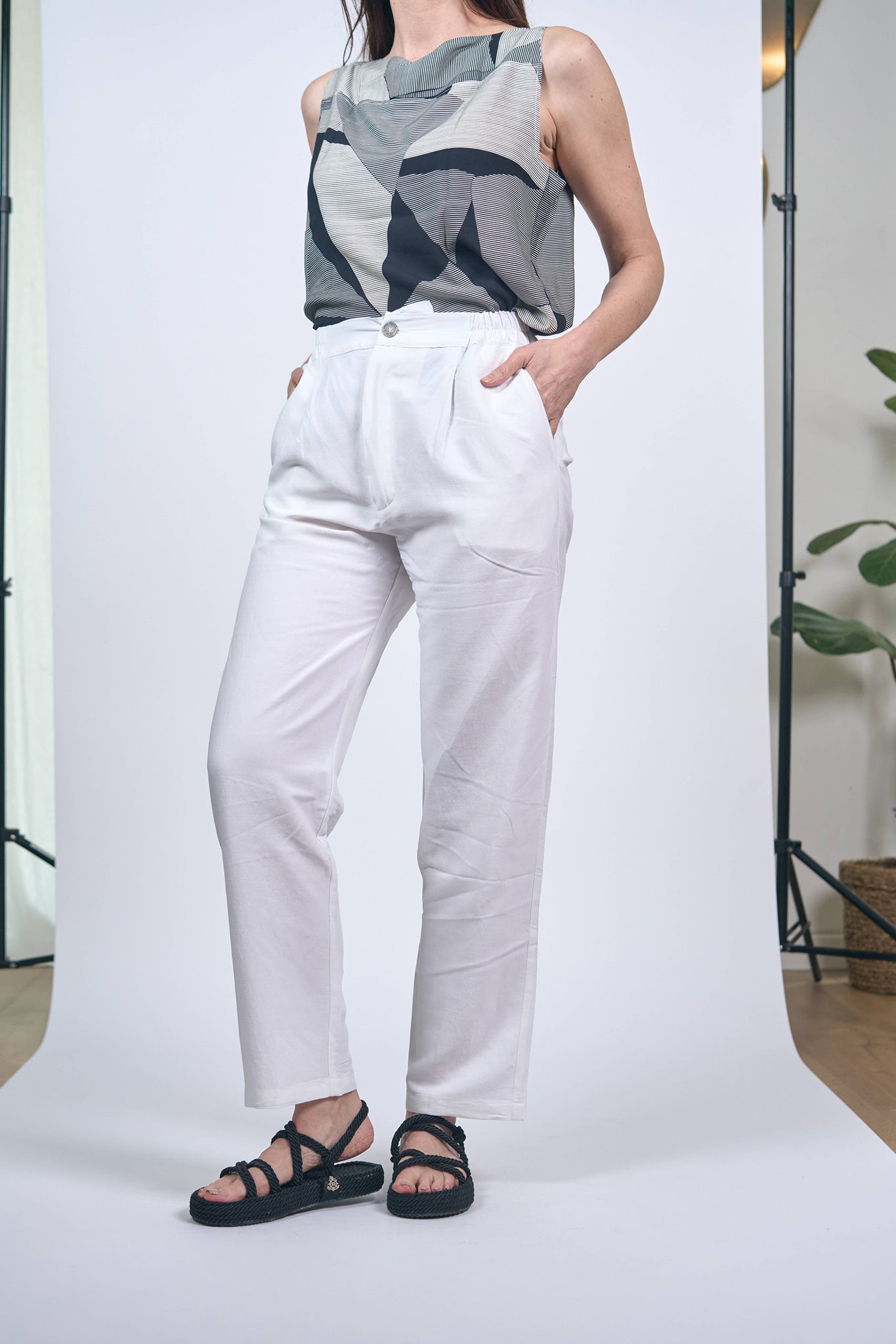 White Viscose Linen Pleated Pants