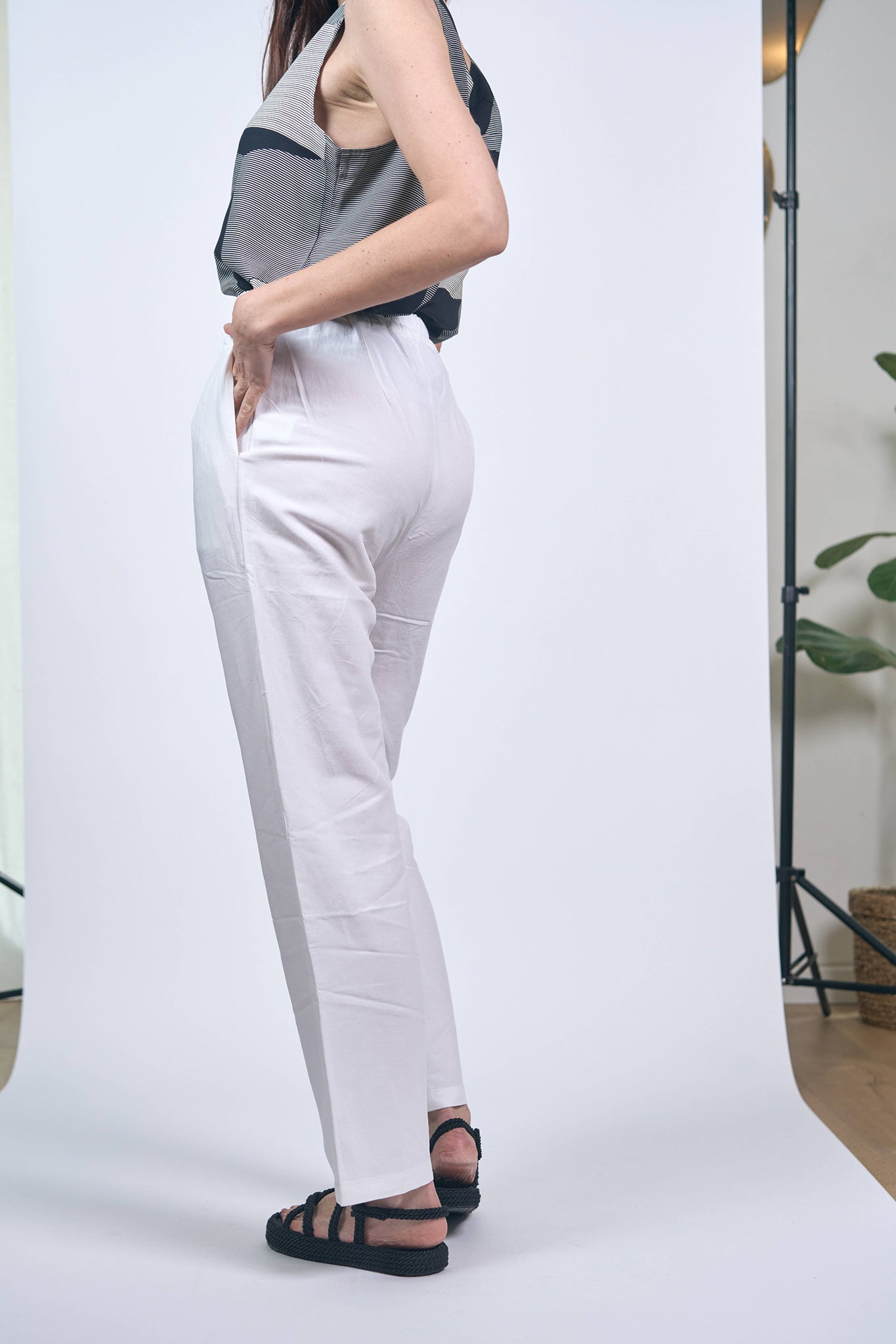 White Viscose Linen Pleated Pants