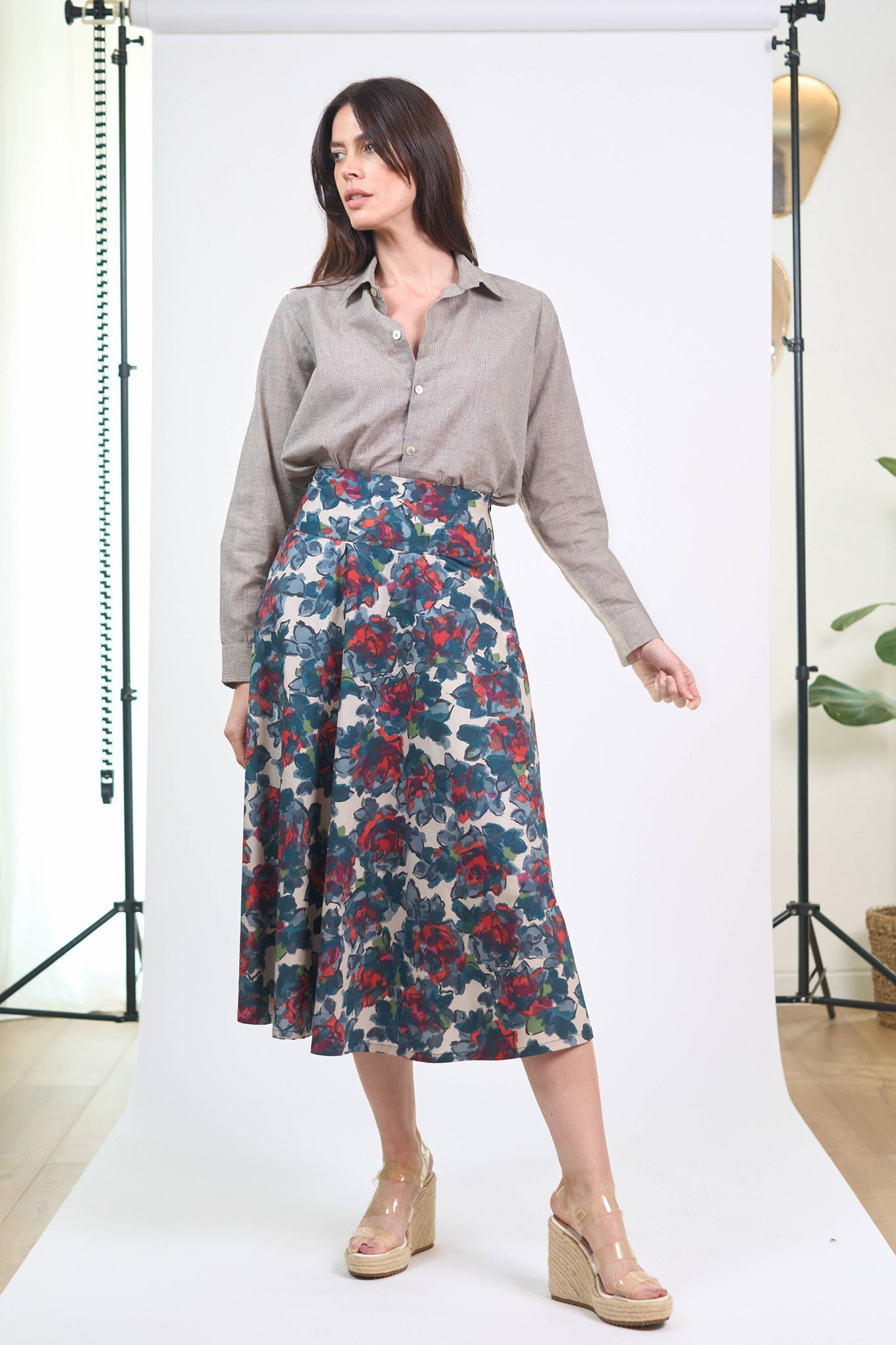 Poplin Flower Flared Skirt