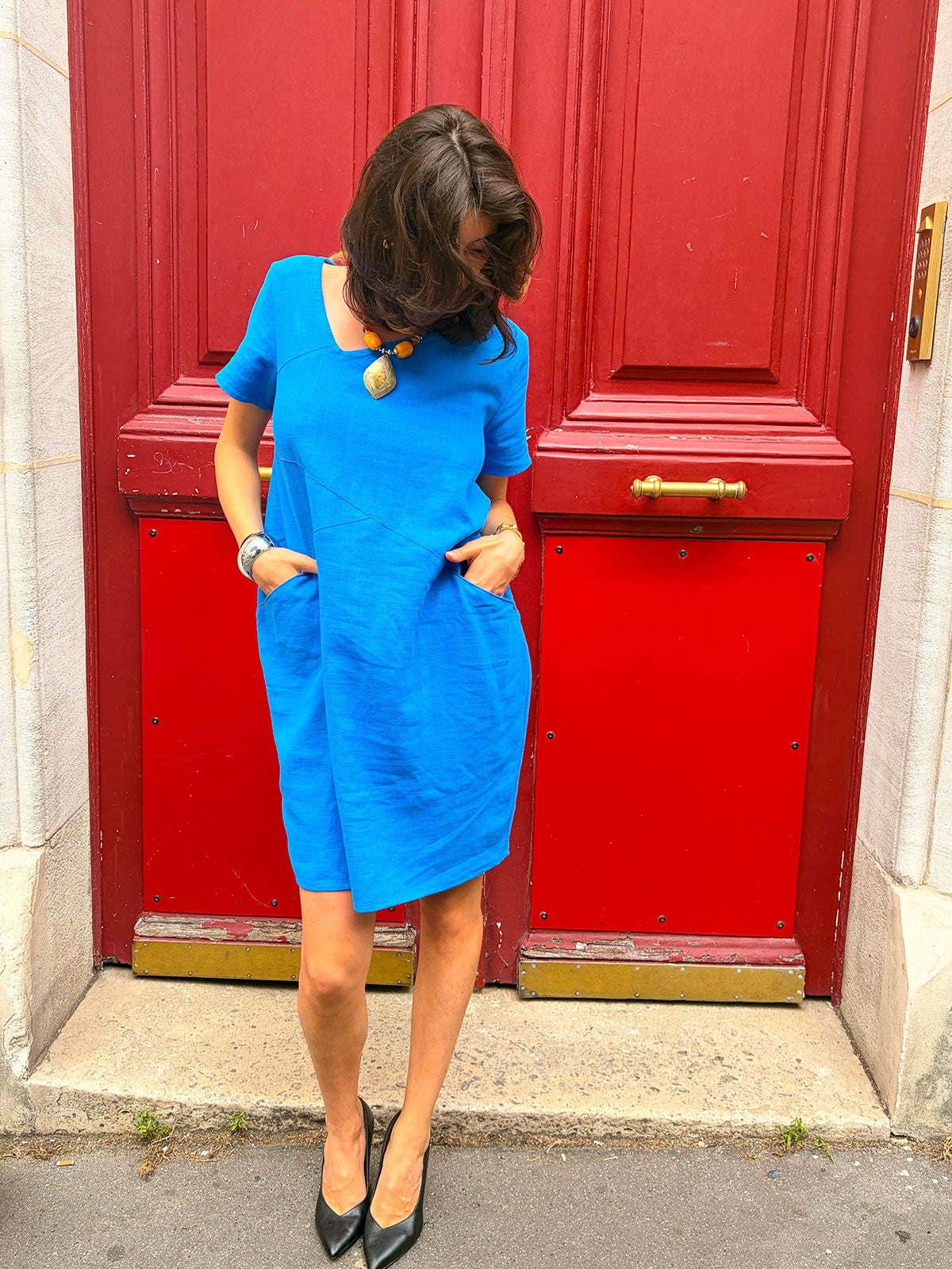 Robe Cubiste Lin Viscose Bleu Electrique Surpiqûres Orange