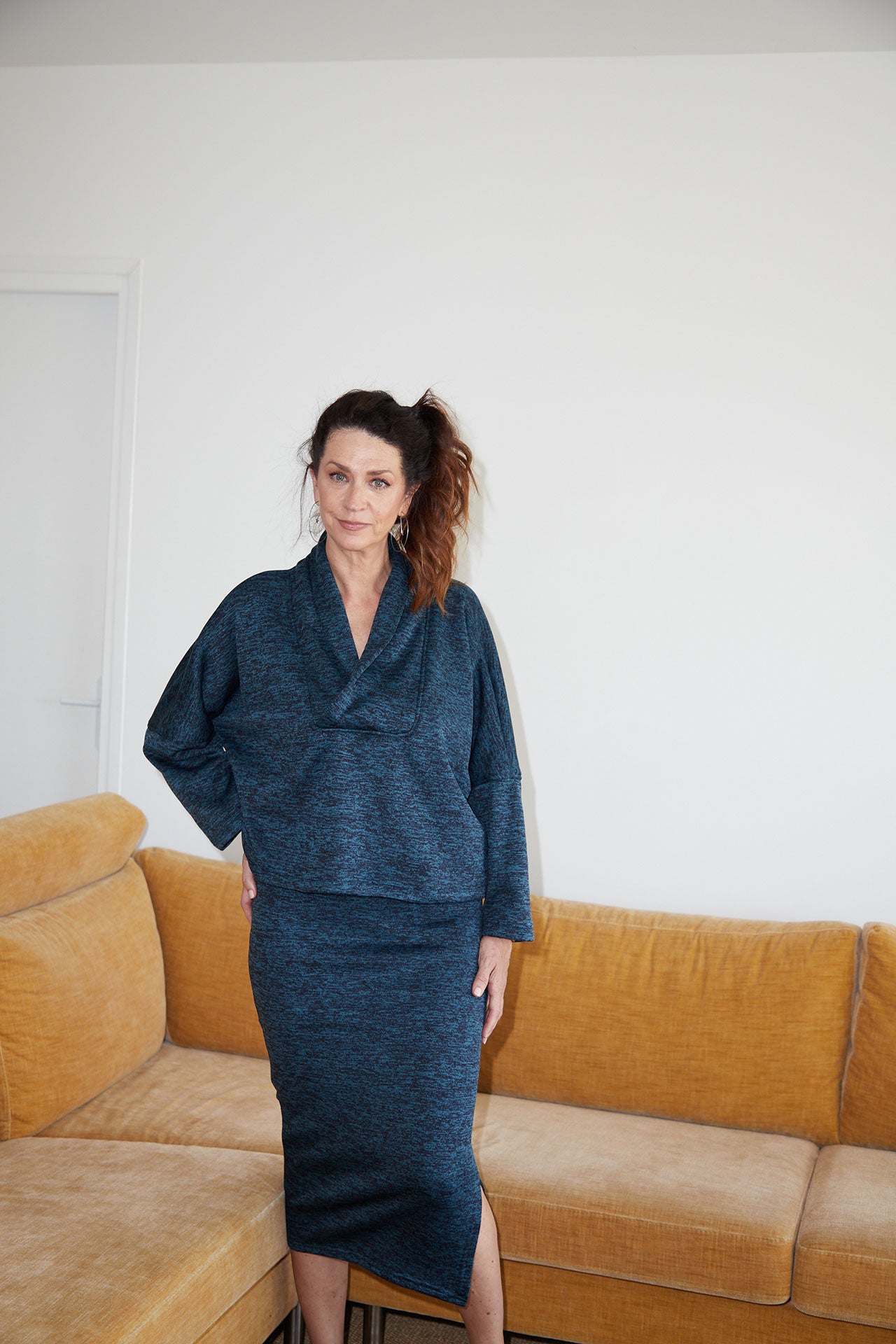 Jupe Mi-Longue Jersey Chiné Bleu
