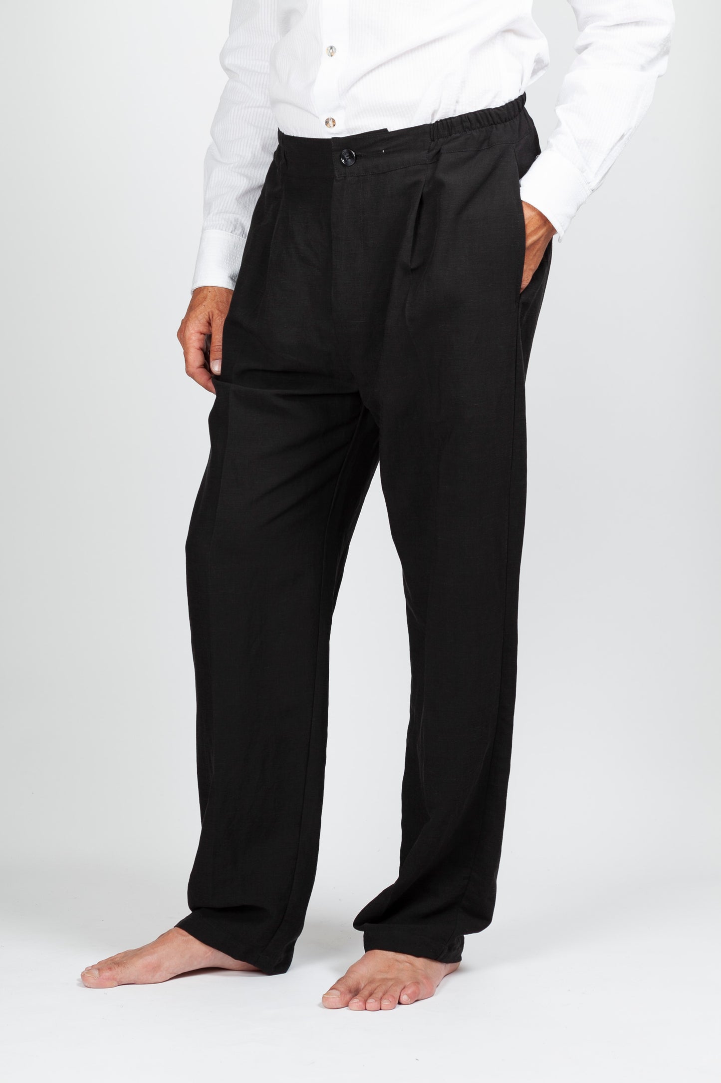 Black Viscose Linen Pleated Trousers