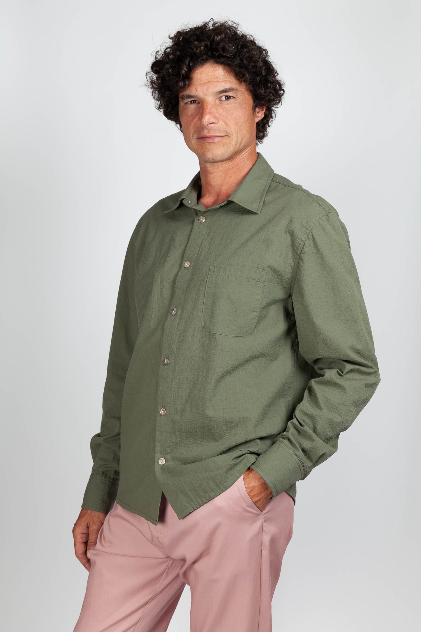 Khaki Seersucker Straight Shirt
