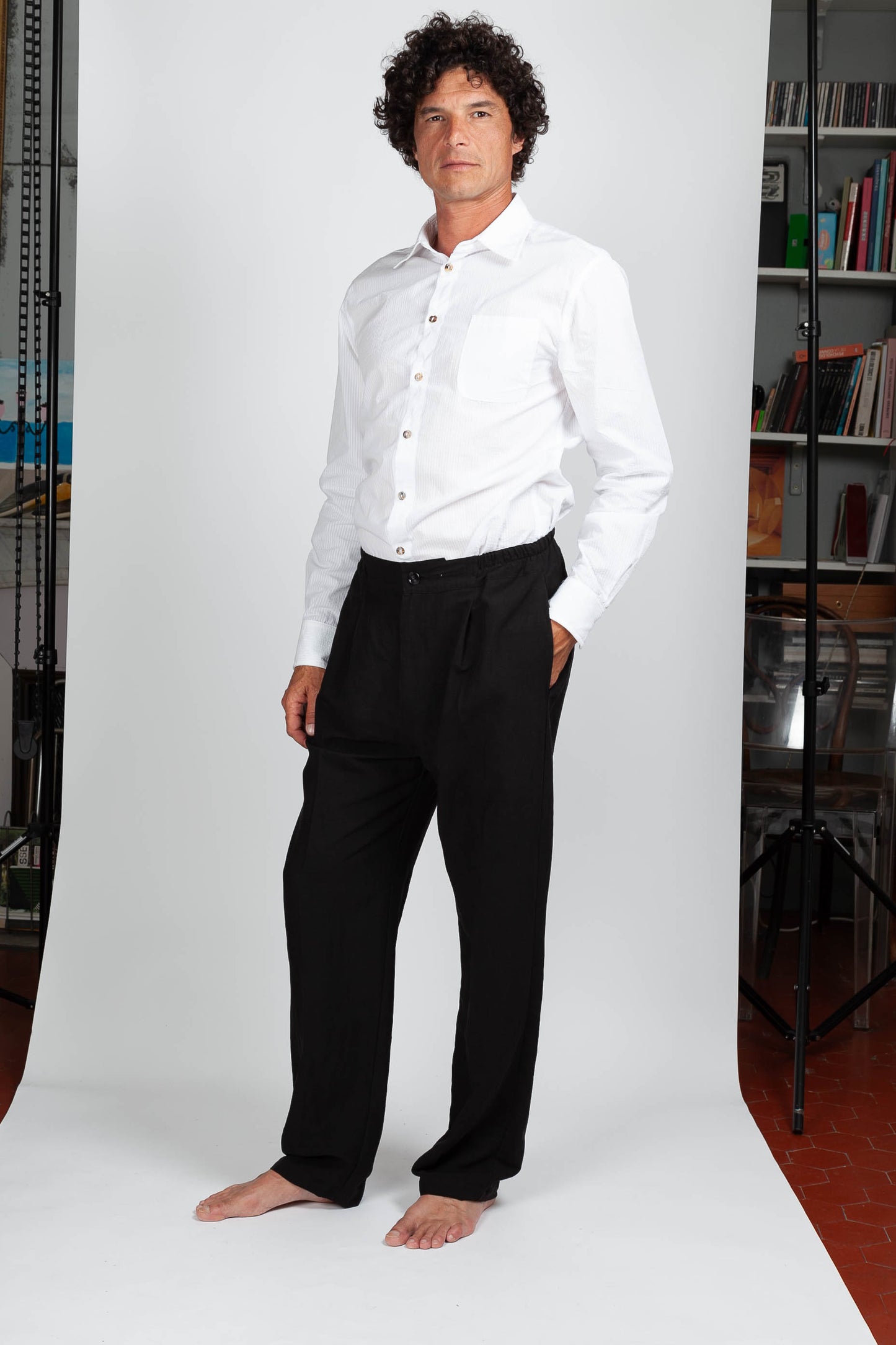 Black Viscose Linen Pleated Trousers