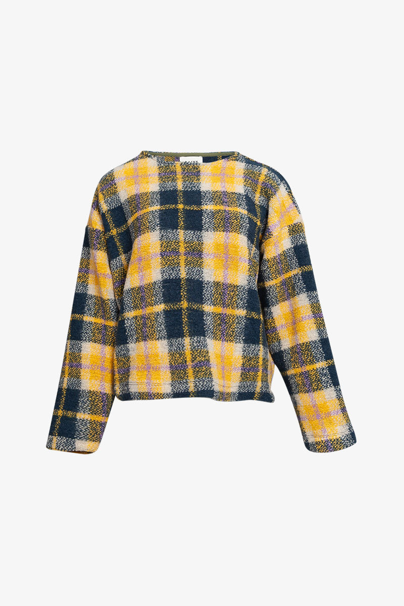 Pull Ample Gros Tricot Tartan Jaune Marine Violet
