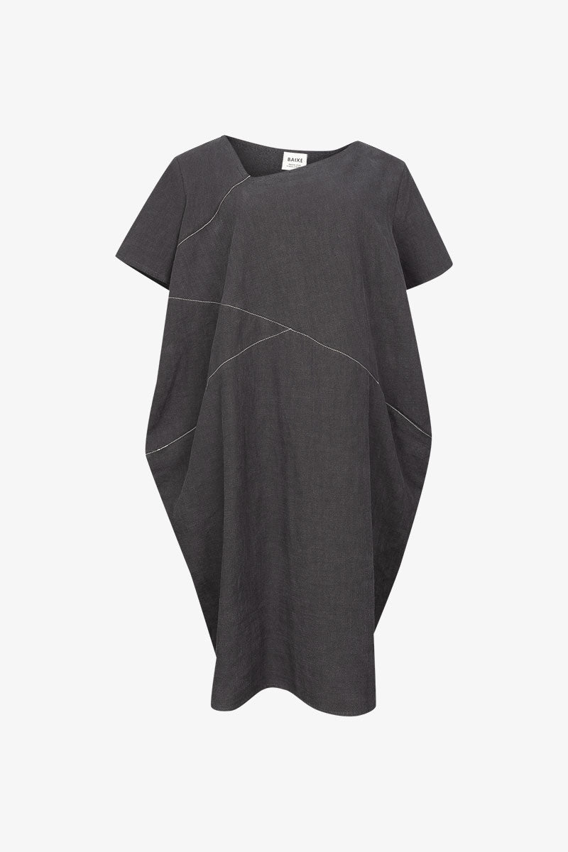 Robe Cubiste Lin Charbon Surpiqûres Blanches