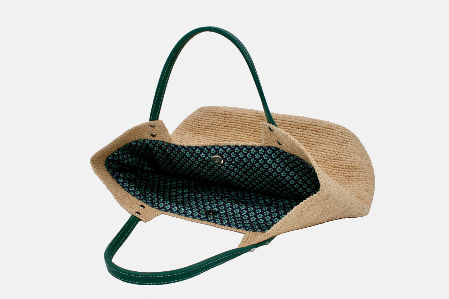 Hélio Natural shopping bag / green leather handles