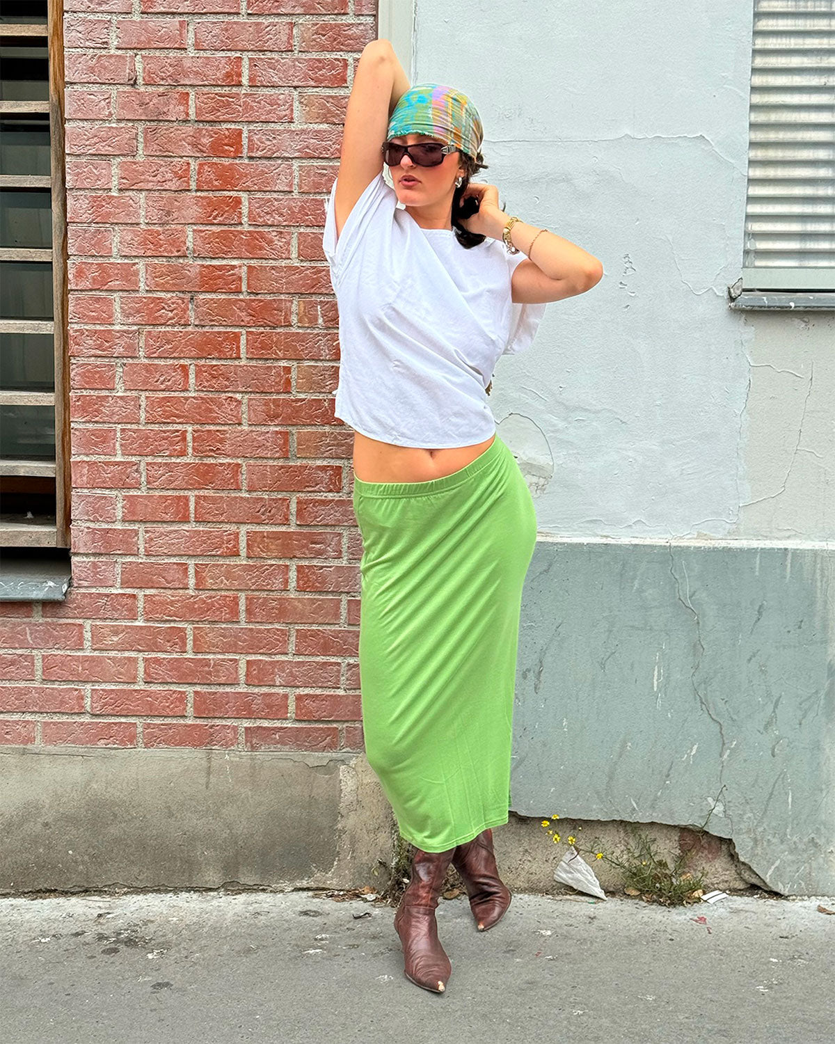 Jupe Mi-Longue Bambou Vert Anis