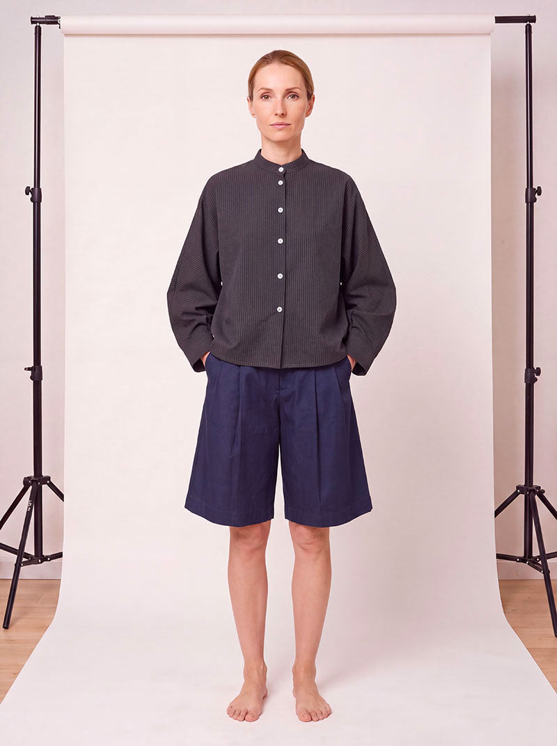Chemise Nehru Coton Seersucker Tabac/Marine