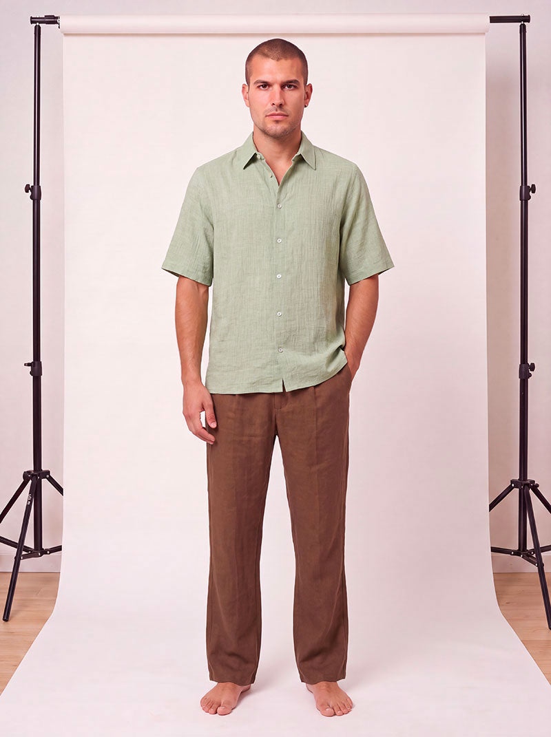 Pleated Tobacco Linen Viscose Trousers