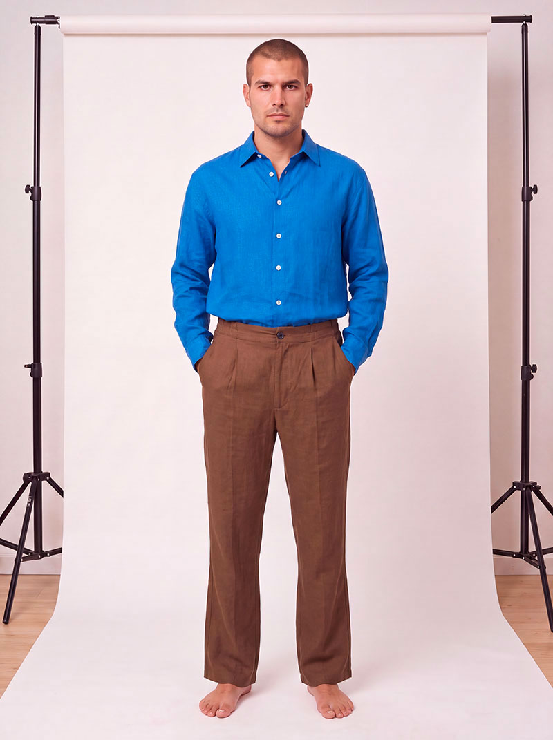 Pleated Tobacco Linen Viscose Trousers