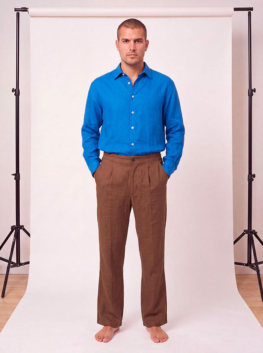 Pleated Tobacco Linen Viscose Trousers