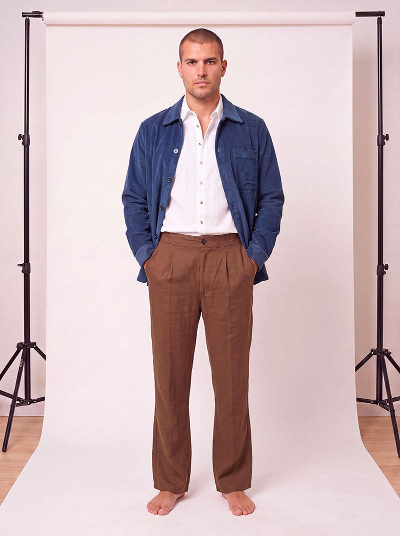 Pleated Tobacco Linen Viscose Trousers