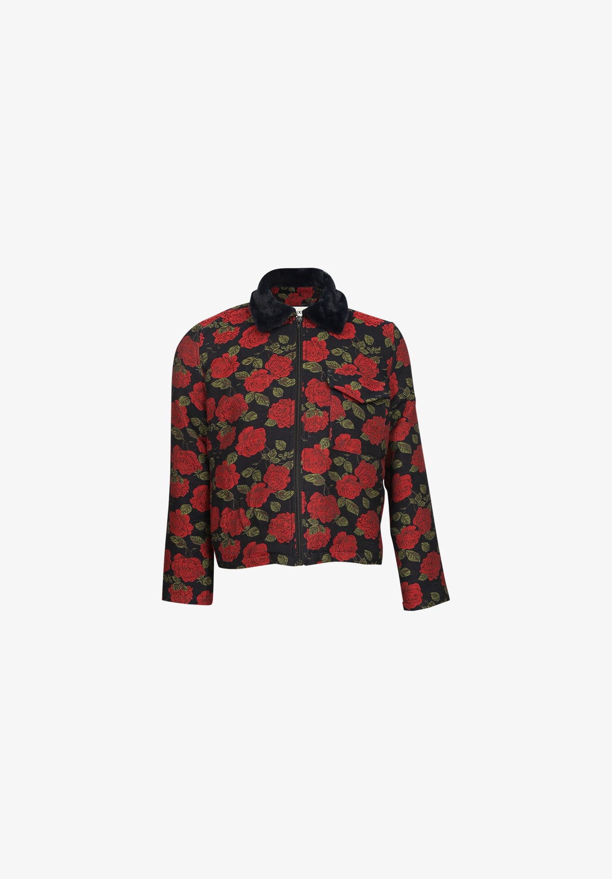 Veste Petit Col Jacquard Roses Col Fourure