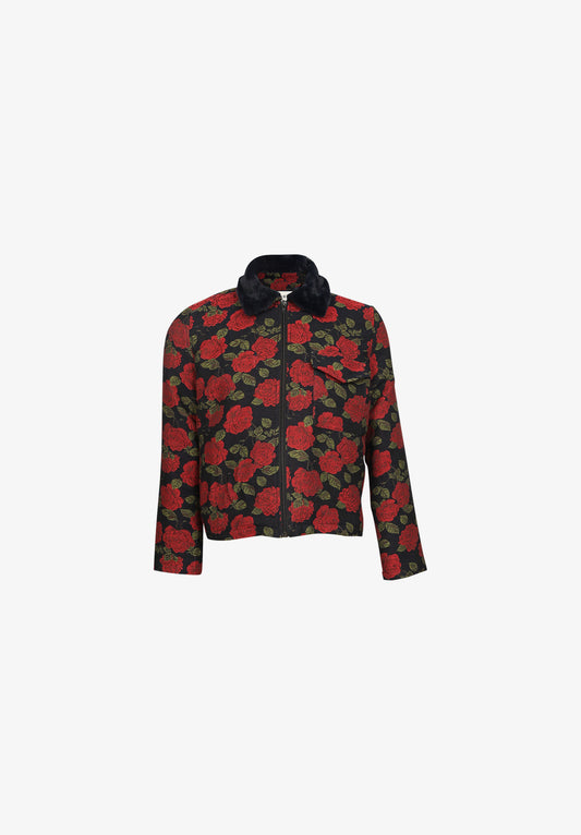 Veste Petit Col Jacquard Roses Col Fourure
