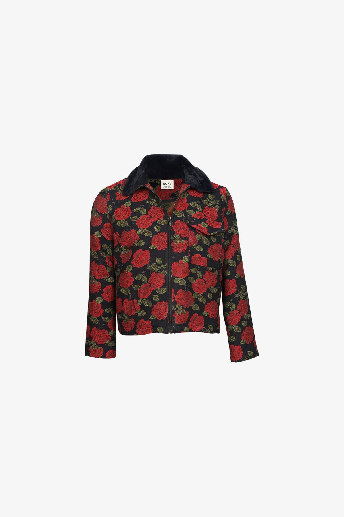 Veste Petit Col Jacquard Roses Col Fourure