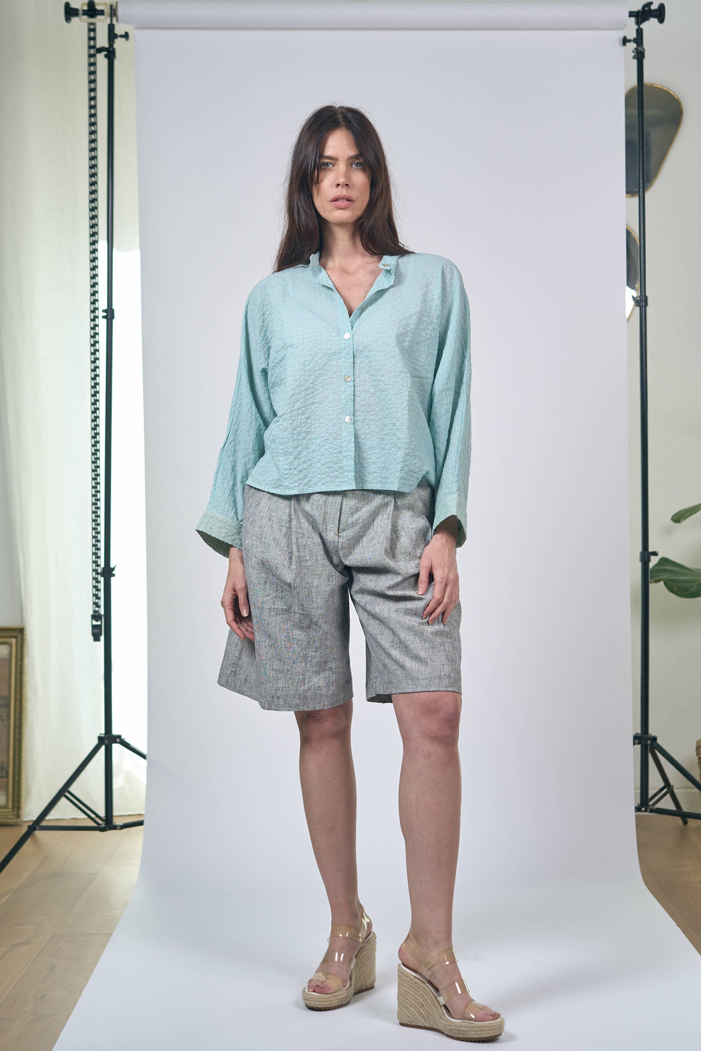 Chemise Nehru Carreaux Menthe Glaciale