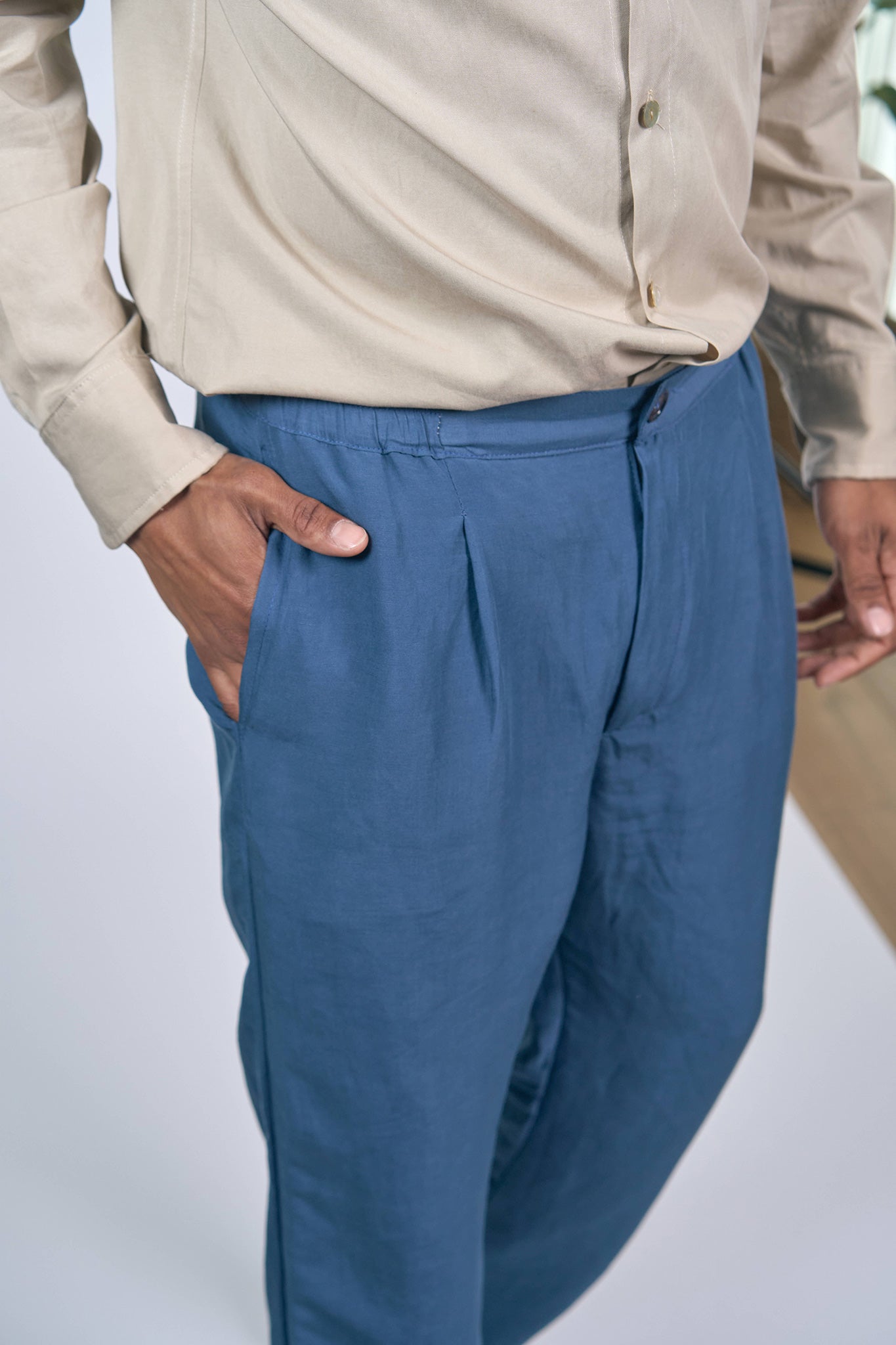 Pantalon à Plis Lin Viscose Bleu Ardoise