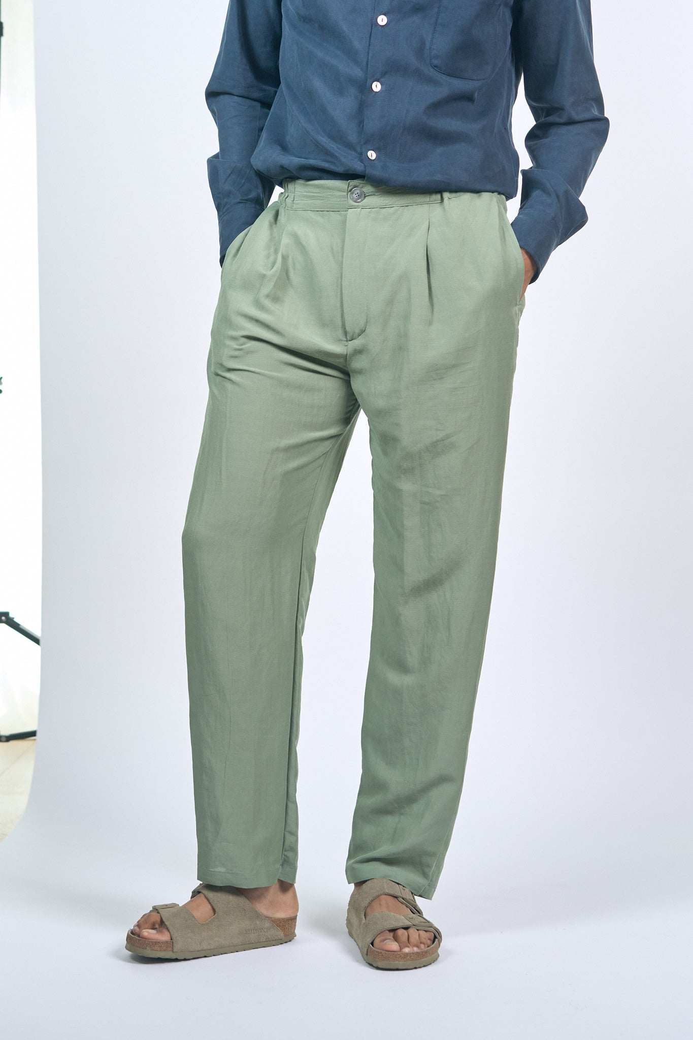 Pantalon à Plis Lin Viscose Vert Sauge