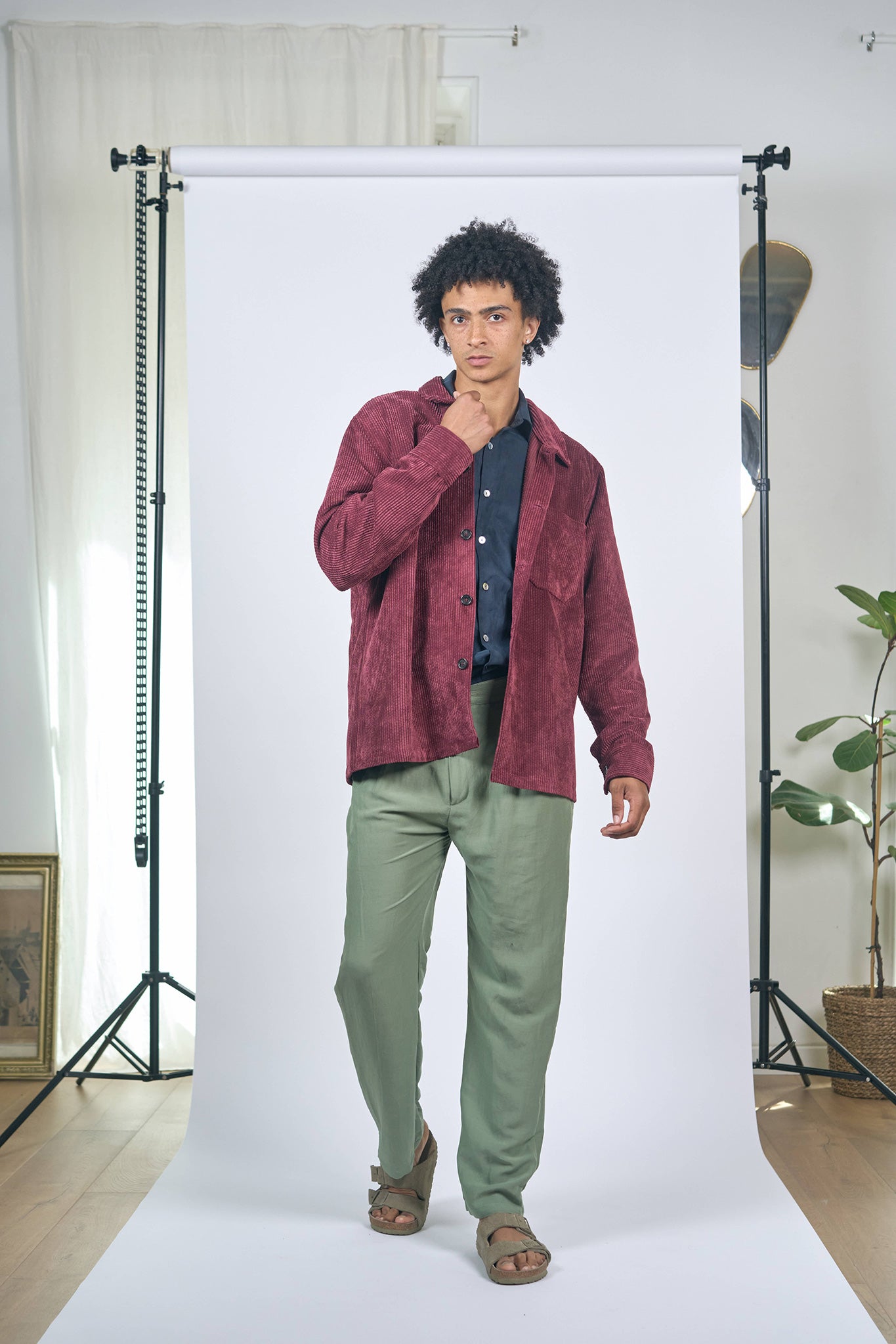 Men's Burgundy Ribbed Velvet Overshirt