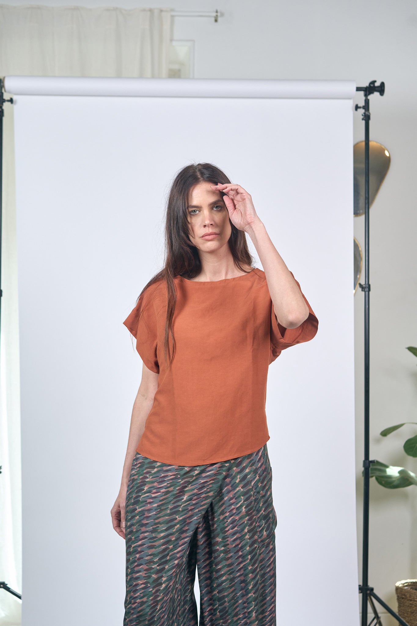 Top Manches Revers Lin Viscose Terracotta