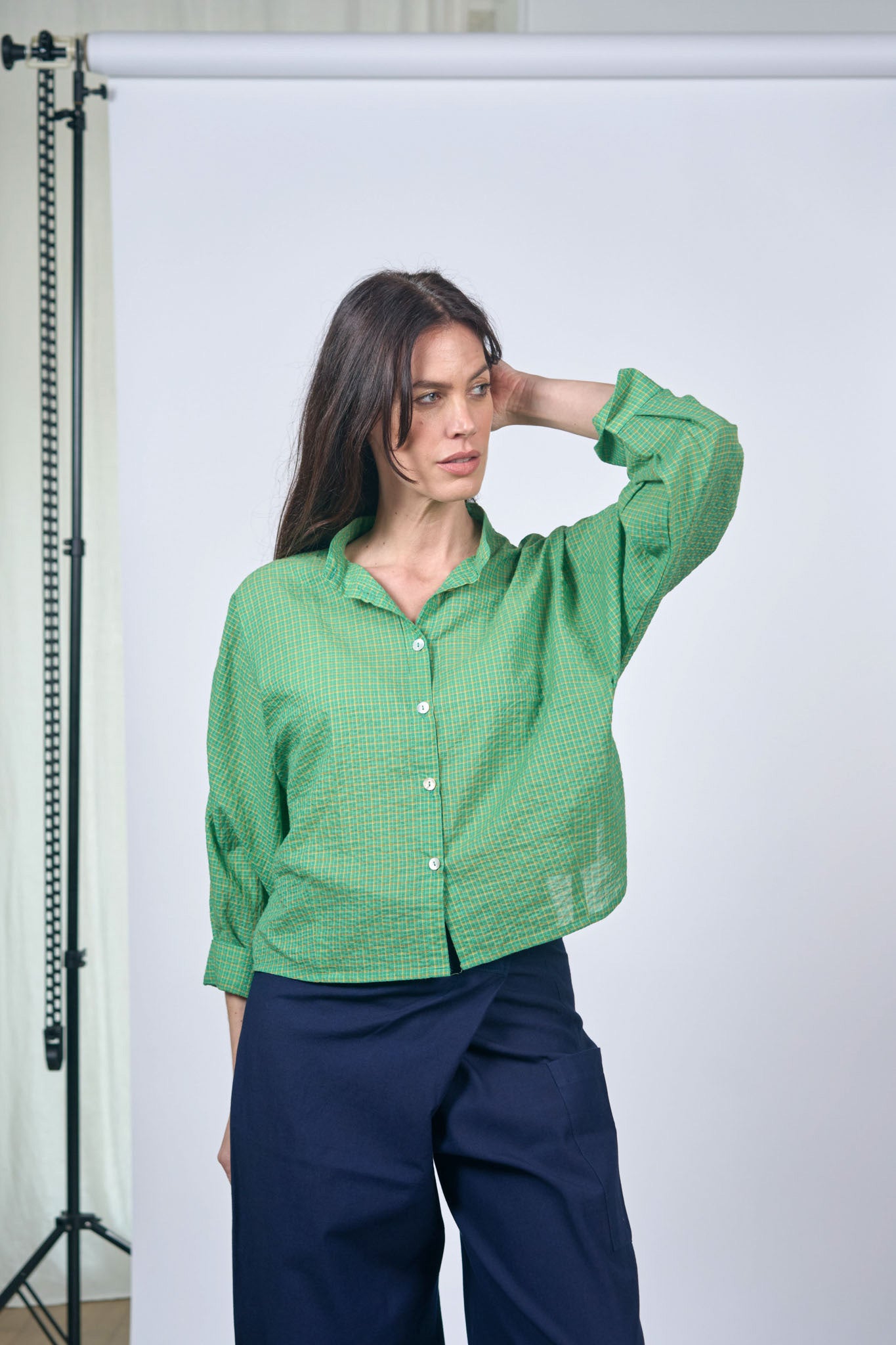 Chemise Nehru Petit Carreaux Vert Jaune