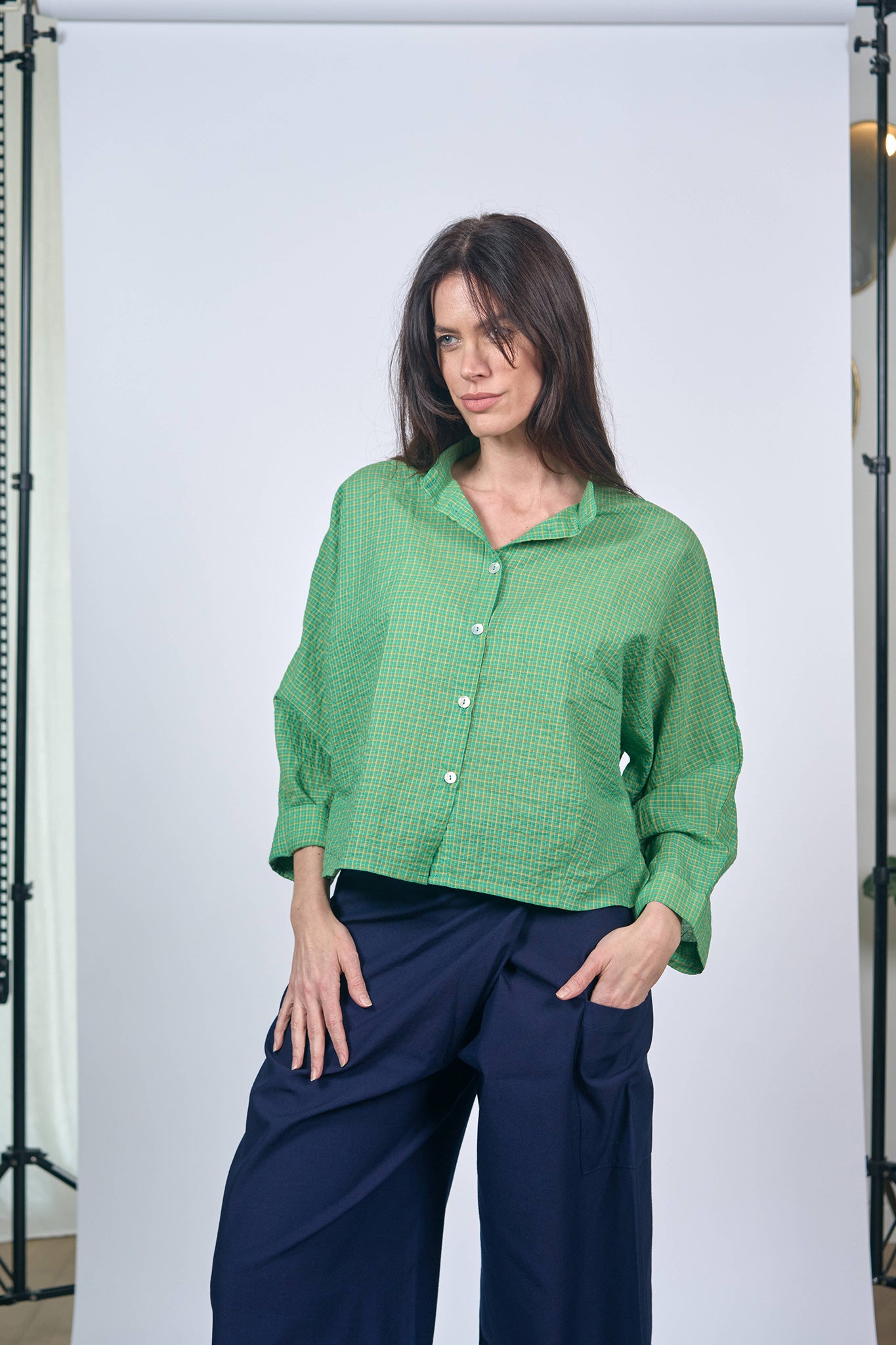 Chemise Nehru Petit Carreaux Vert Jaune