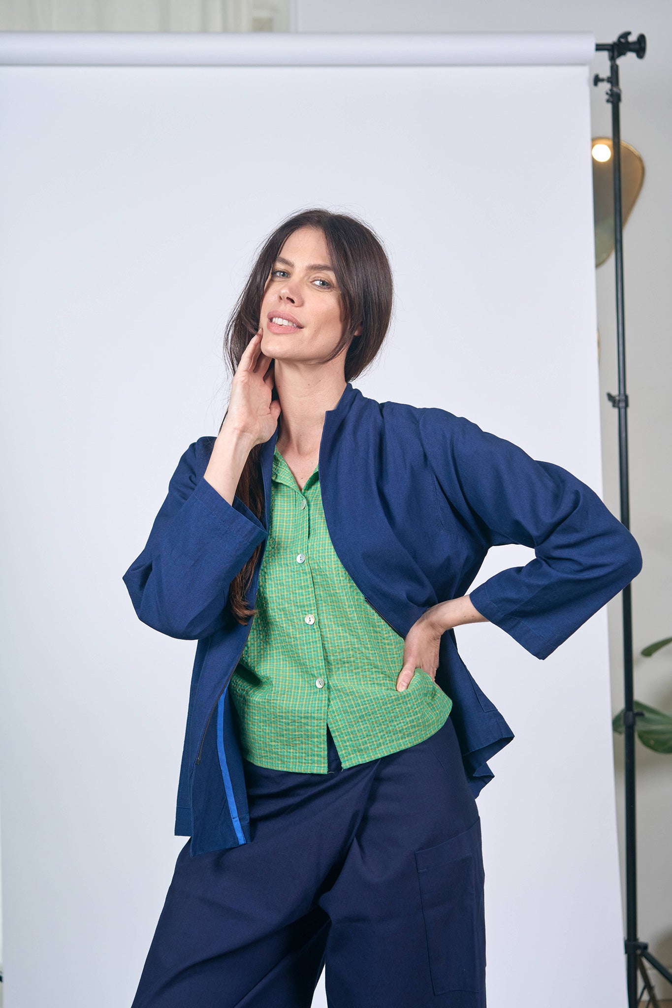 Chemise Nehru Petit Carreaux Vert Jaune