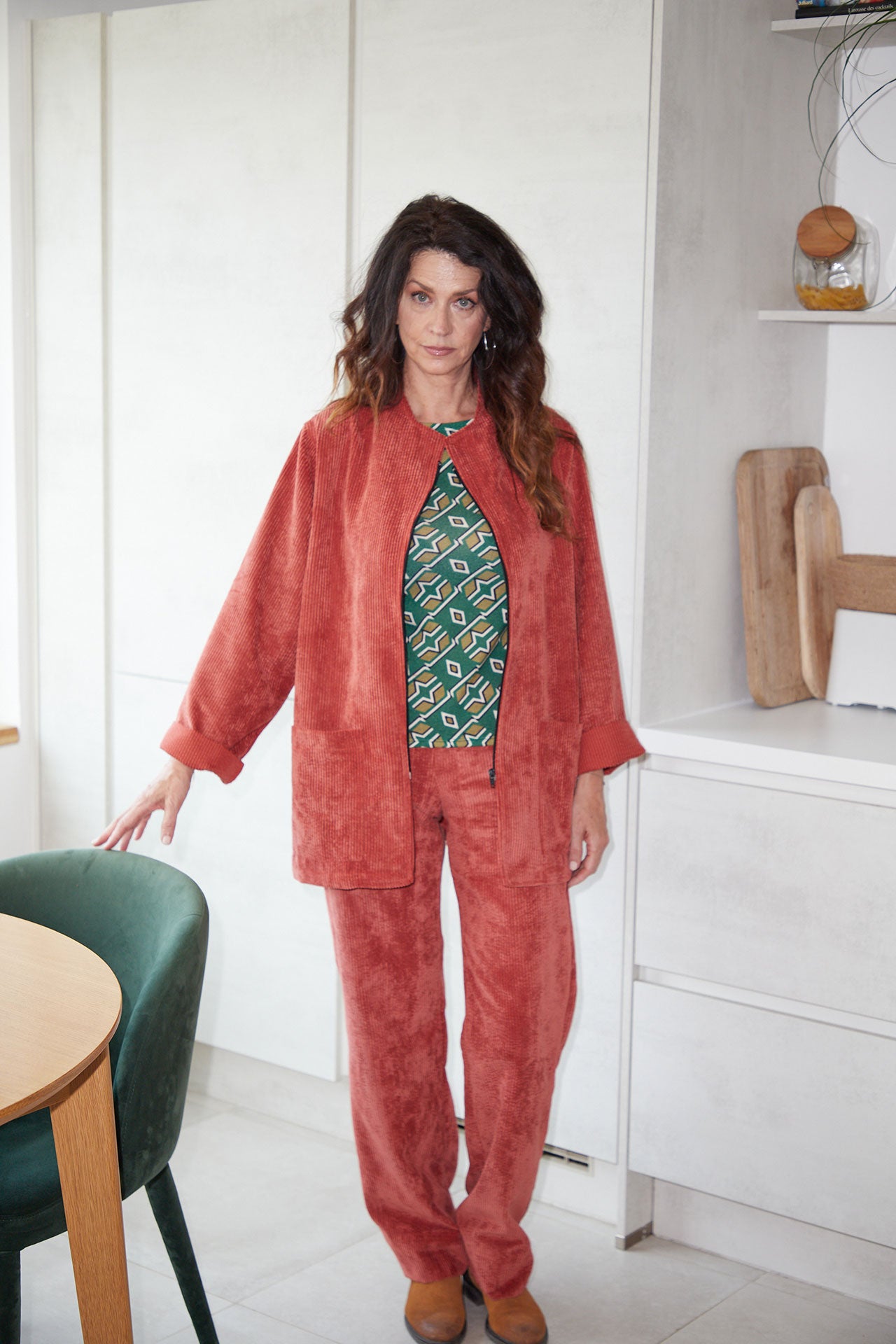 Pantalon Italien Long Velours Grosses Côtes Brique