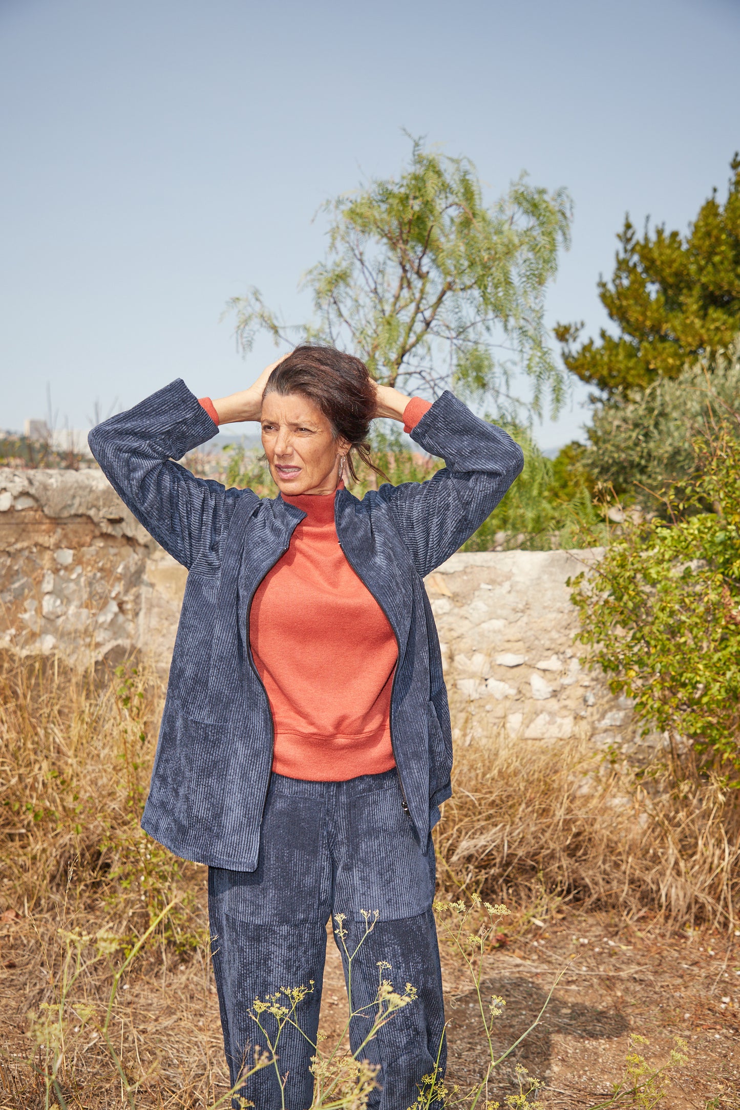 Square Velvet Jacket with Coarse Ribs Navy