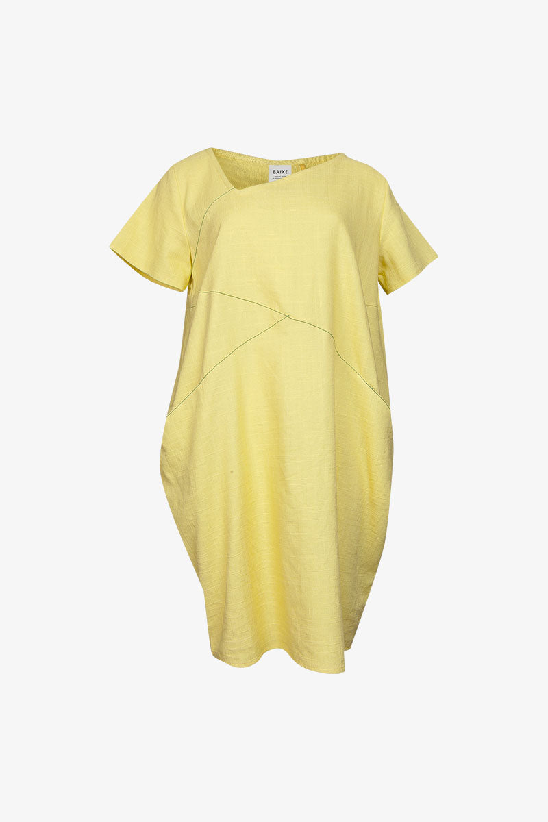 Robe Cubiste Lin Jaune Ambre Surpiqûres Vert Anis
