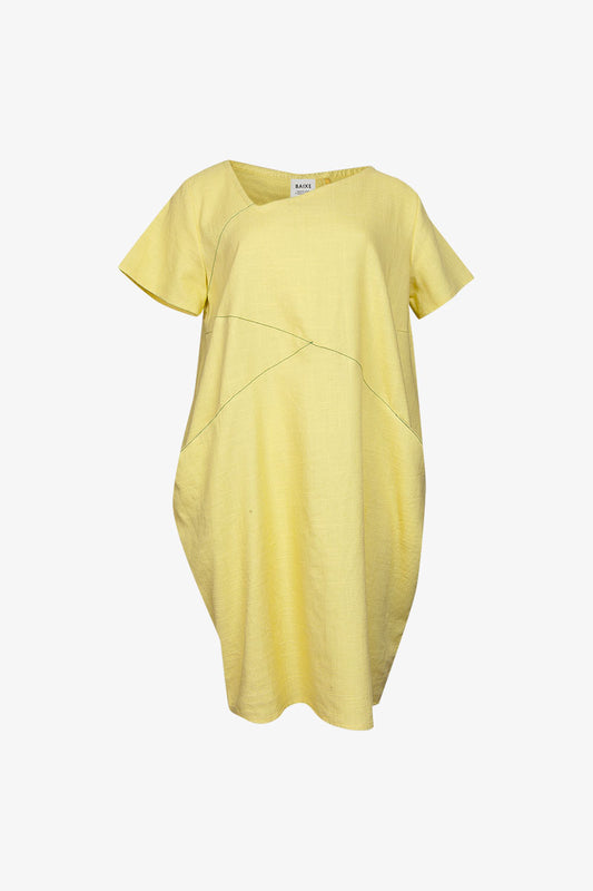 Robe Cubiste Lin Jaune Ambre Surpiqûres Vert Anis