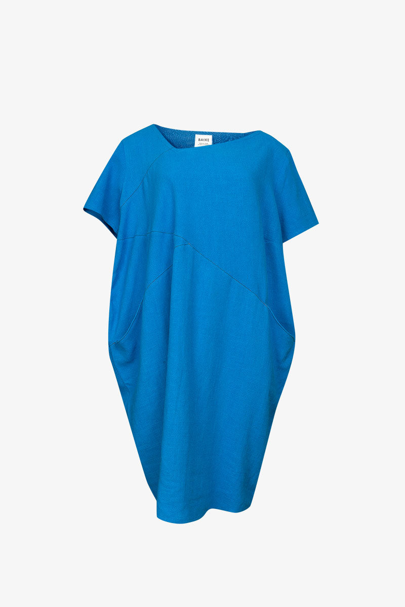 Robe Cubiste Lin Viscose Bleu Electrique Surpiqûres Orange