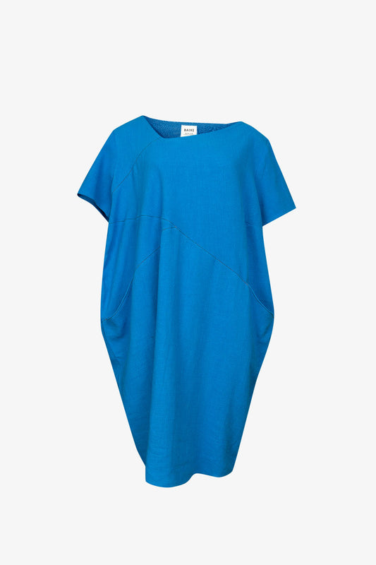 Robe Cubiste Lin Viscose Bleu Electrique Surpiqûres Orange