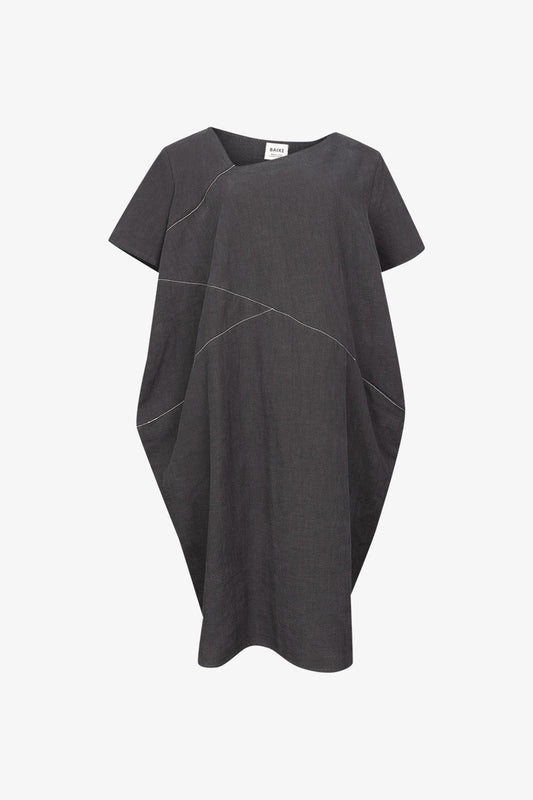 Robe Cubiste Lin Charbon Surpiqûres Blanches