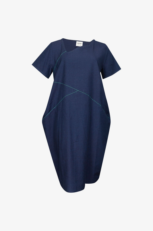 Robe cubiste bleu de Chine surpiqûres turquoise