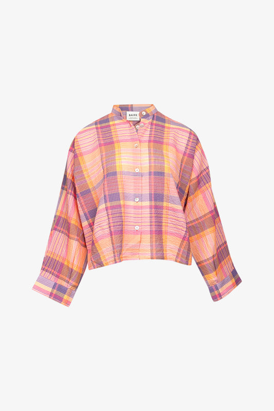Chemise Nehru Carreaux Fuchsia/Violet/Jaune