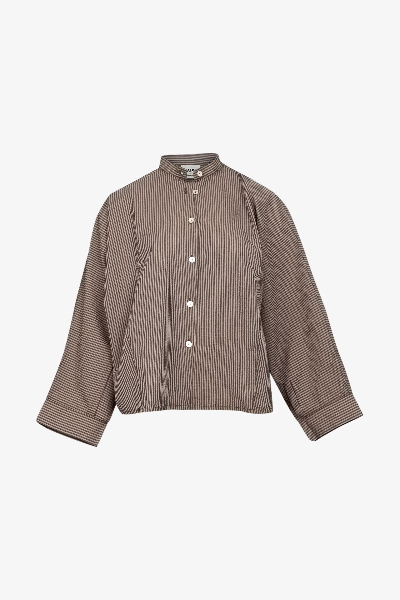 Chemise Nehru Coton Seersucker Noisette/Marine