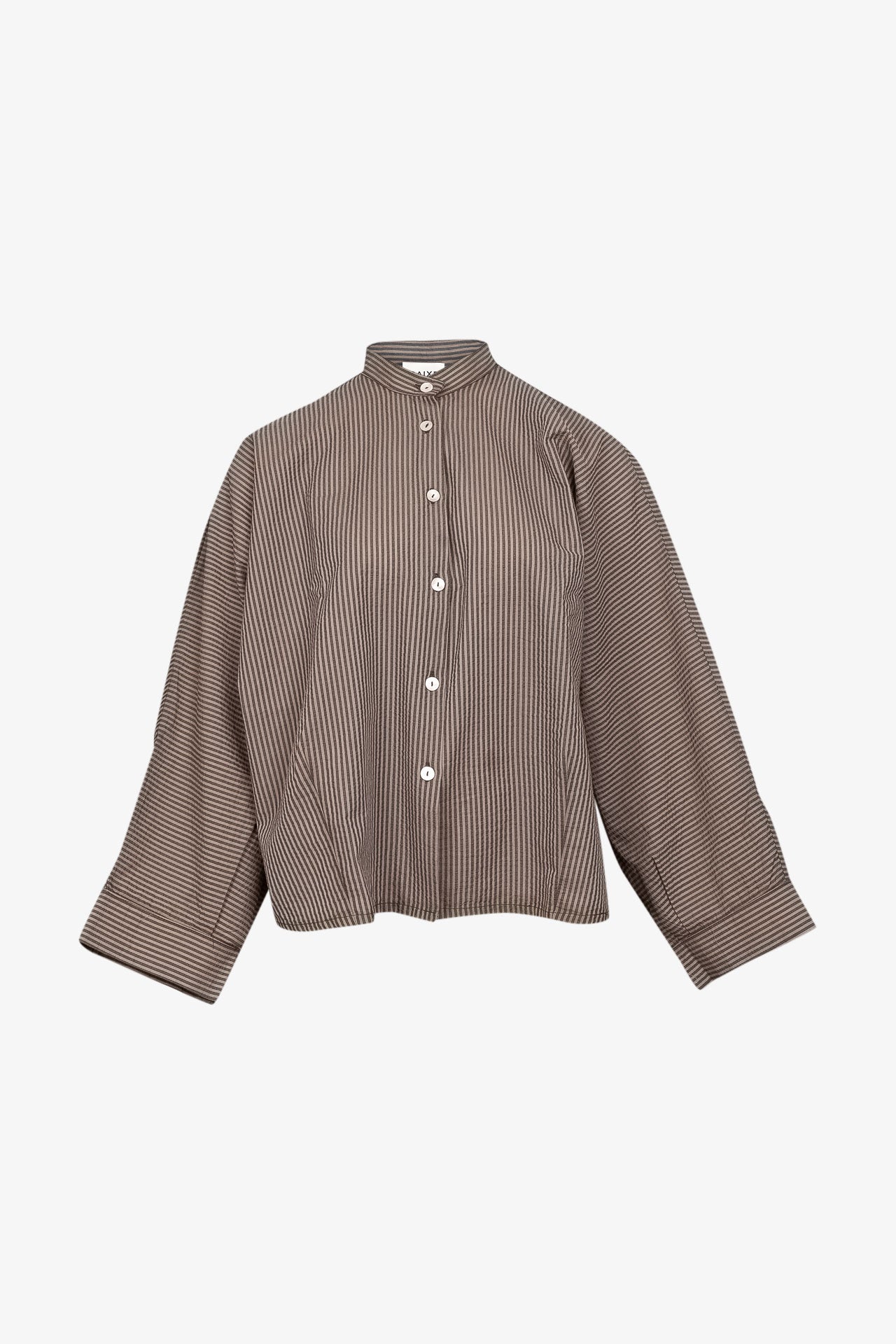 Chemise Nehru Coton Seersucker Noisette/Marine